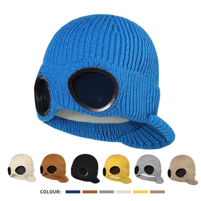 

Aviator Glasses Beanie Hat For Men Women Winter Plush Warm Knitted With Brim Outdoor Sports Skiing Riding Windproof Gorra Bone