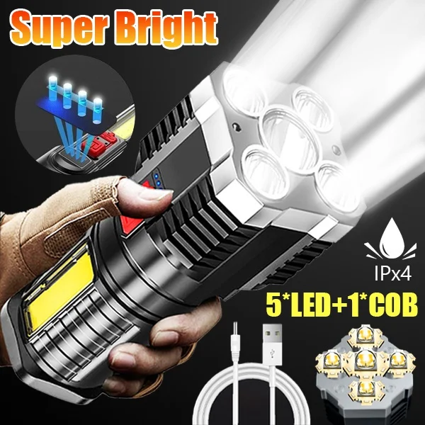 Super Bright 5 Core LED Tactical Flashlight USB Rechargeable Powerful Flash Torch High Power COB Portable Light Camping Lantern
Super Bright 5 Core LED Tactical Flashlight USB Rechargeable Powerful Flash Torch High Power COB Portable Light Camping Lantern
