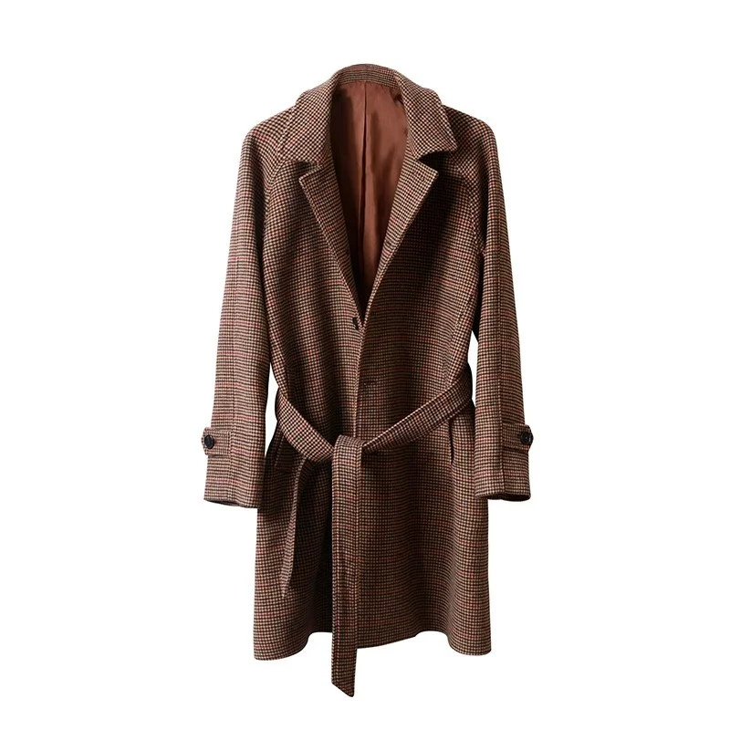 

Men's Long Woolen Trench Coat Balmacen Hound's Tooth Cloak Classic Vintage Windbreaker Elegant Man Winter Clothes Streetwear