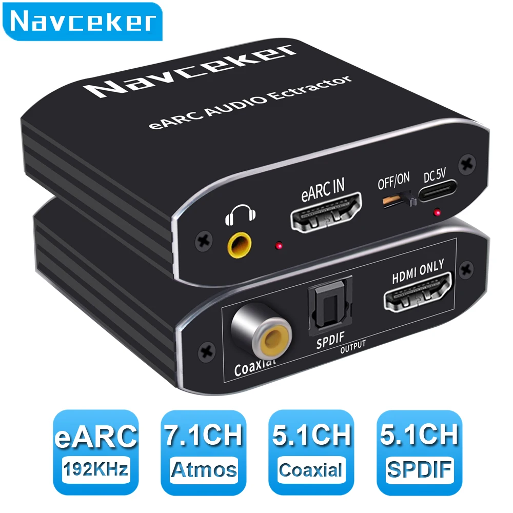 Navceker 192KHz HDMI-compatible Audio eARC Extractor 7.1CH ATMOS eARC TV Projector HDMI ONLY Toslink Coaxial Converter Adapter
Navceker 192KHz HDMI-compatible Audio eARC Extractor 7.1CH ATMOS eARC TV Projector HDMI ONLY Toslink Coaxial Converter Adapter