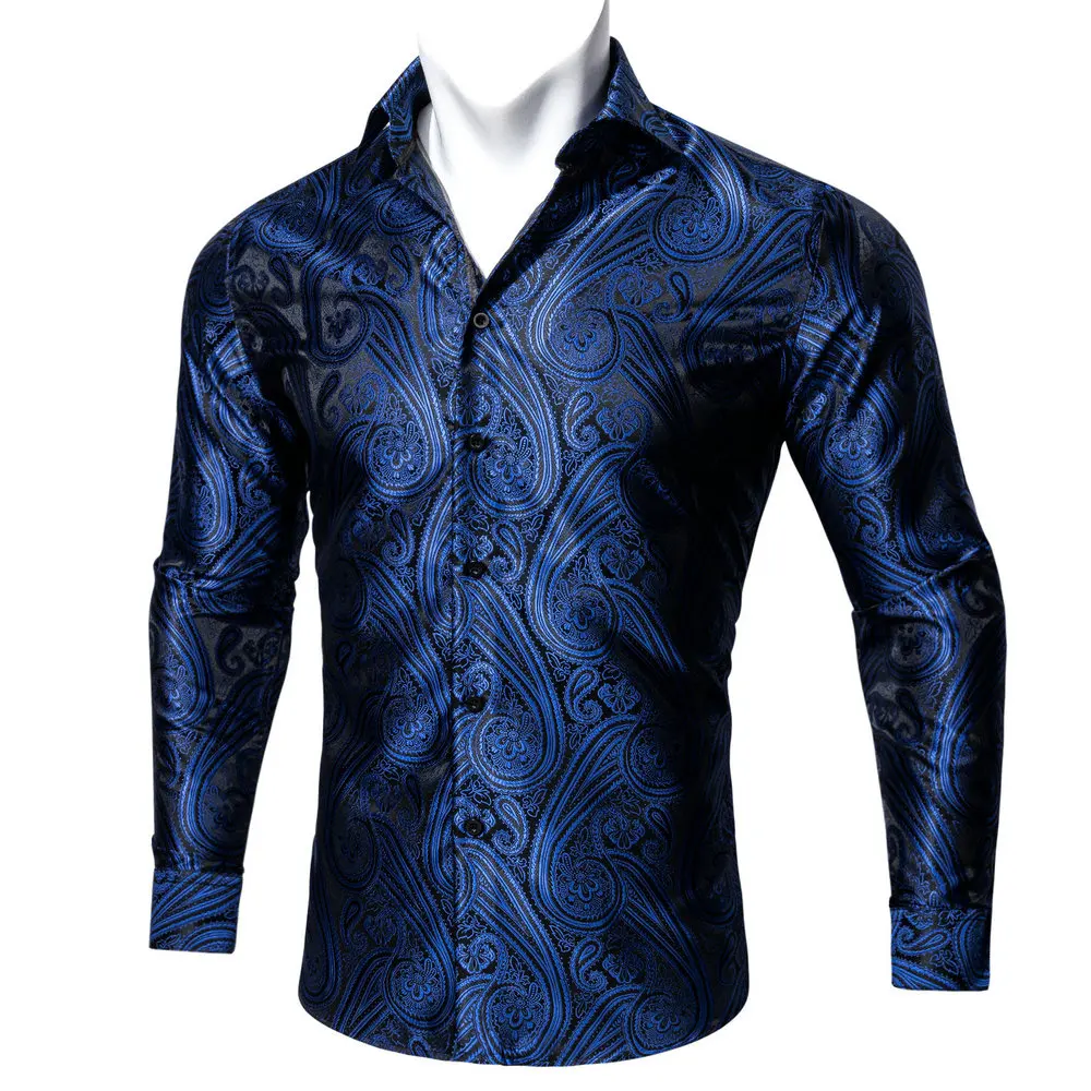 

Classic Royal Blue Paisley Long Sleeve Shirt Fashion Jacquard Pattern Polyester Turndown Collar Business Casual Fit Barry.Wang