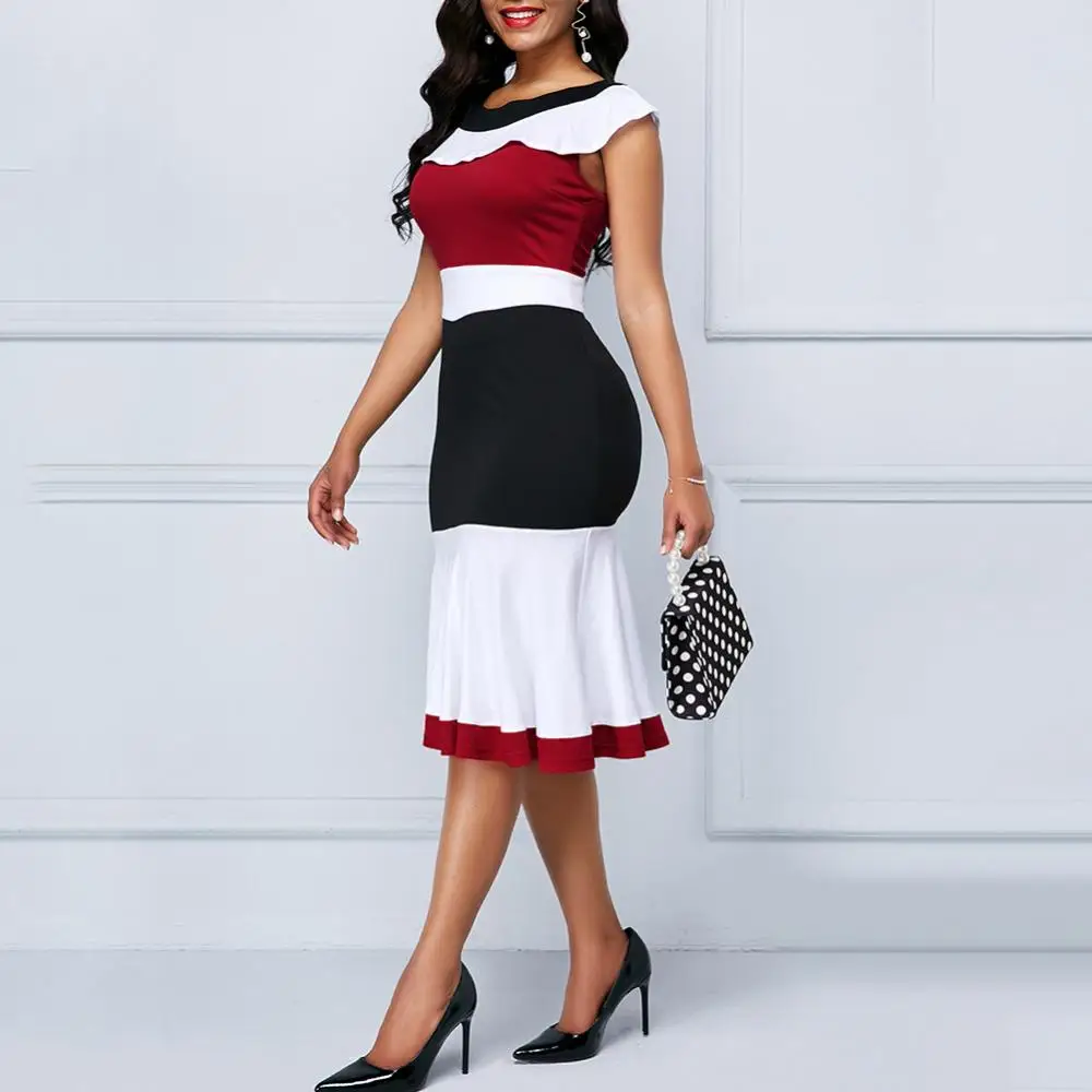 Женское облегающее платье без рукавов, летнее платье с круглым вырезом, офисное женское платье до колена с оборками на подоле, платье с цвет...