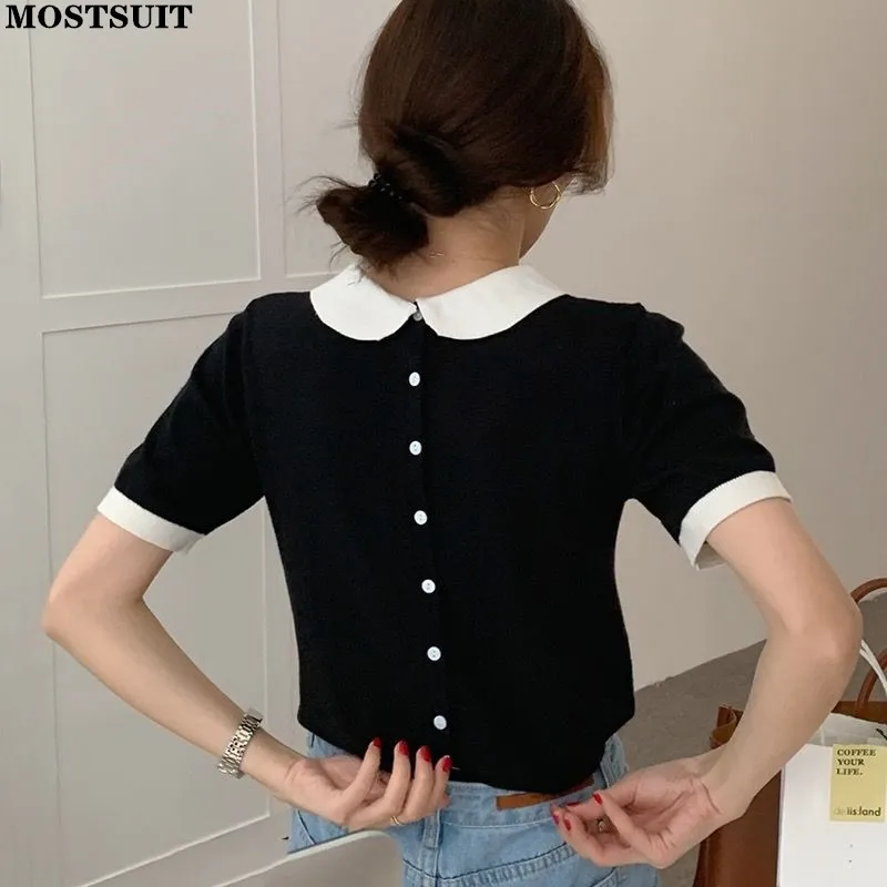 Korean Peter Pan Collar Knit Pullover Tops Women Back Buttons Short Sleeve Slim Sweaters Knitwear Elegant Fashion Ladies Jumpers
Korean Peter Pan Collar Knit Pullover Tops Women Back Buttons Short Sleeve Slim Sweaters Knitwear Elegant Fashion Ladies Jumpers