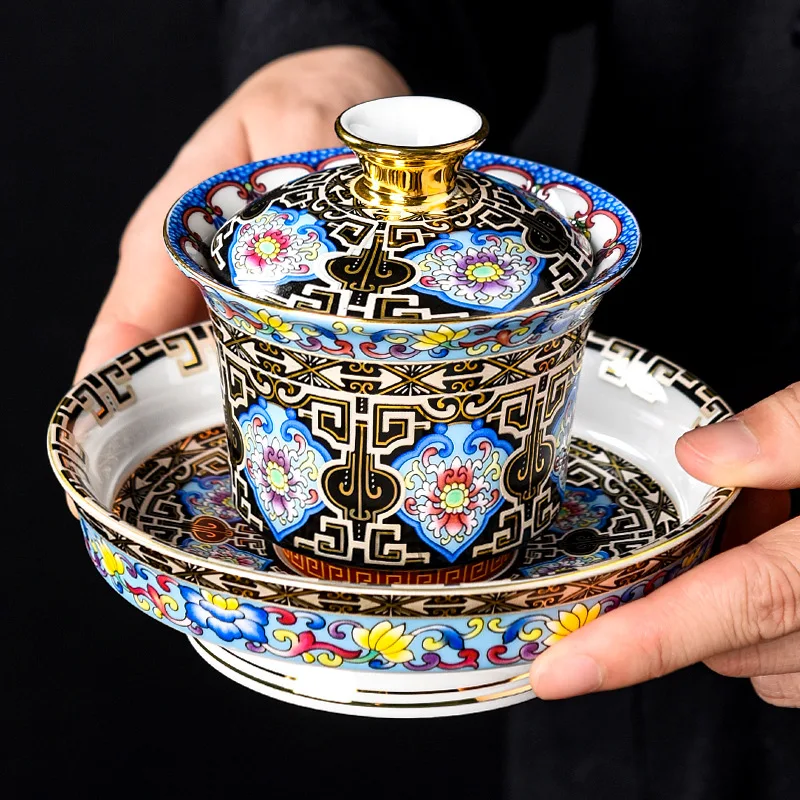 

Enamel Gaiwan Tea Cup with Saucer Large White Porcelain Tea Bowl Ceramic Tea Cup Kung Fu Tea Set Retro Court Style Teacup Gift