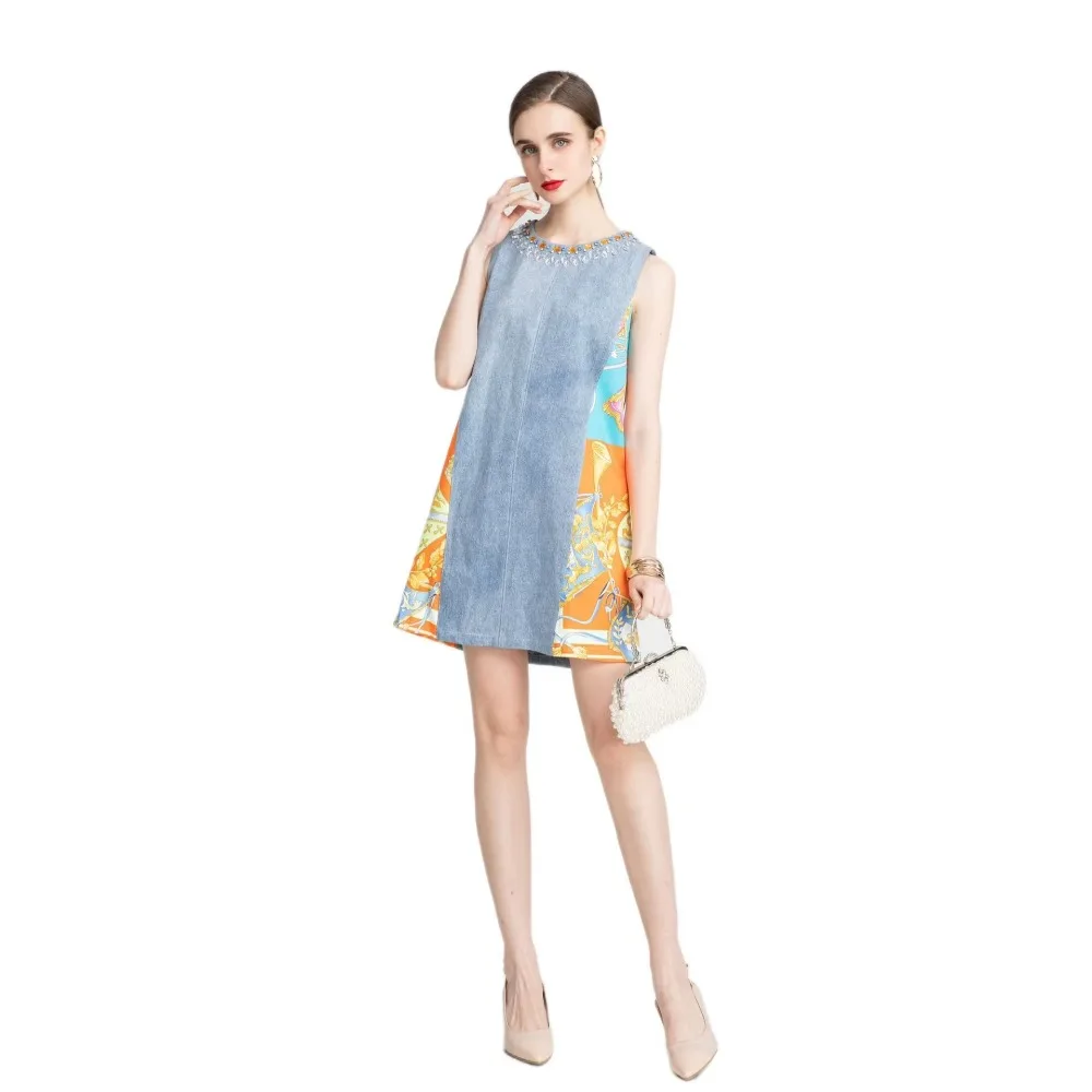 2023 spring and summer new undershirt dress denim splicing fabric positioning printing collar bead design commuting A04340
2023 spring and summer new undershirt dress denim splicing fabric positioning printing collar bead design commuting A04340