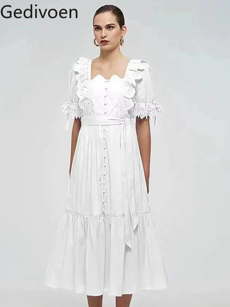Gedivoen High Quality Summer Women Fashion Designer Midi Dress With Belt Flare Sleeve Ruffles Cutout Lace Trim Hem White Dress
Gedivoen High Quality Summer Women Fashion Designer Midi Dress With Belt Flare Sleeve Ruffles Cutout Lace Trim Hem White Dress