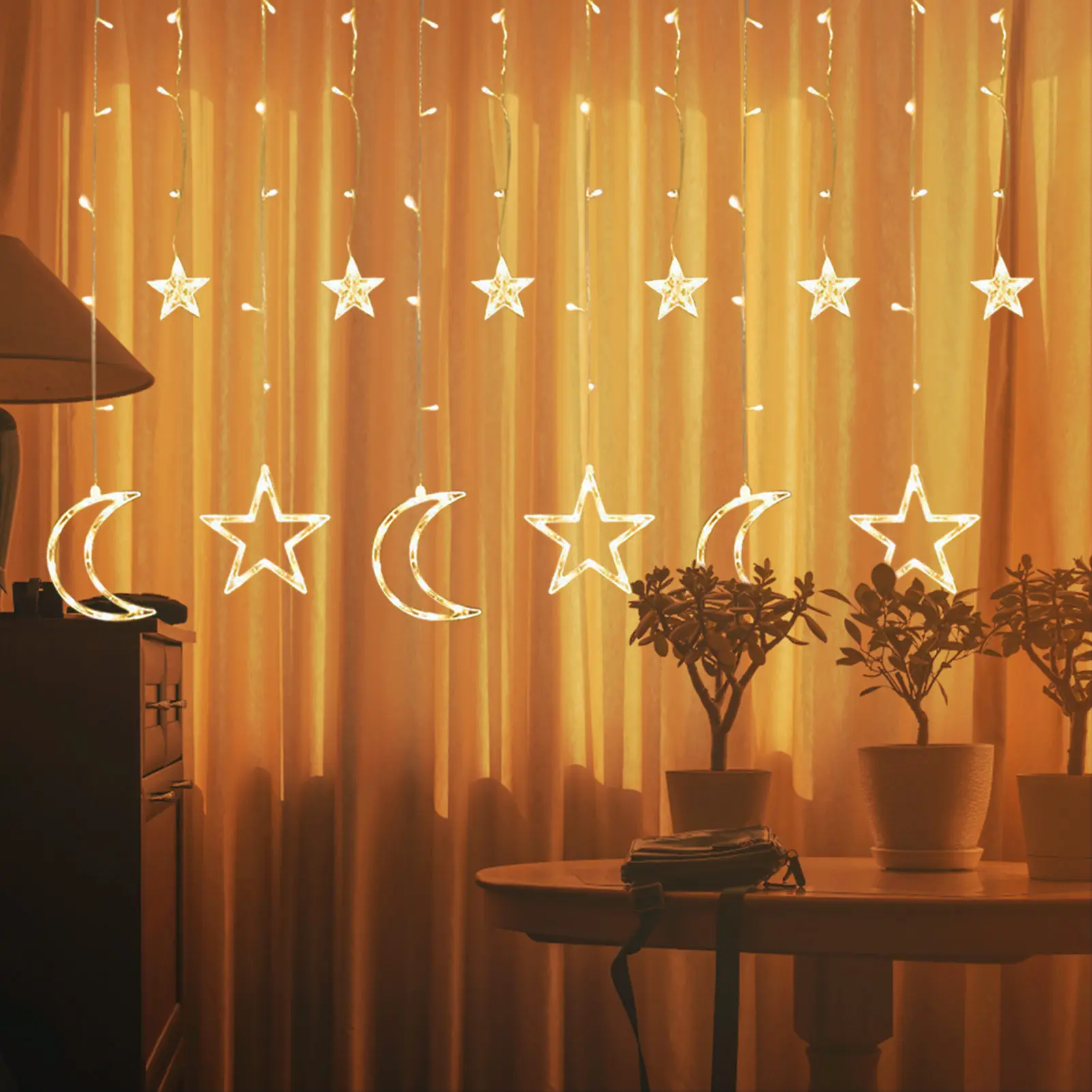 

Moon Star Led String Lights LED Star Moon String Lights Window Curtain Lights With 8 Flashing Modes Ramadan Wedding Party Home