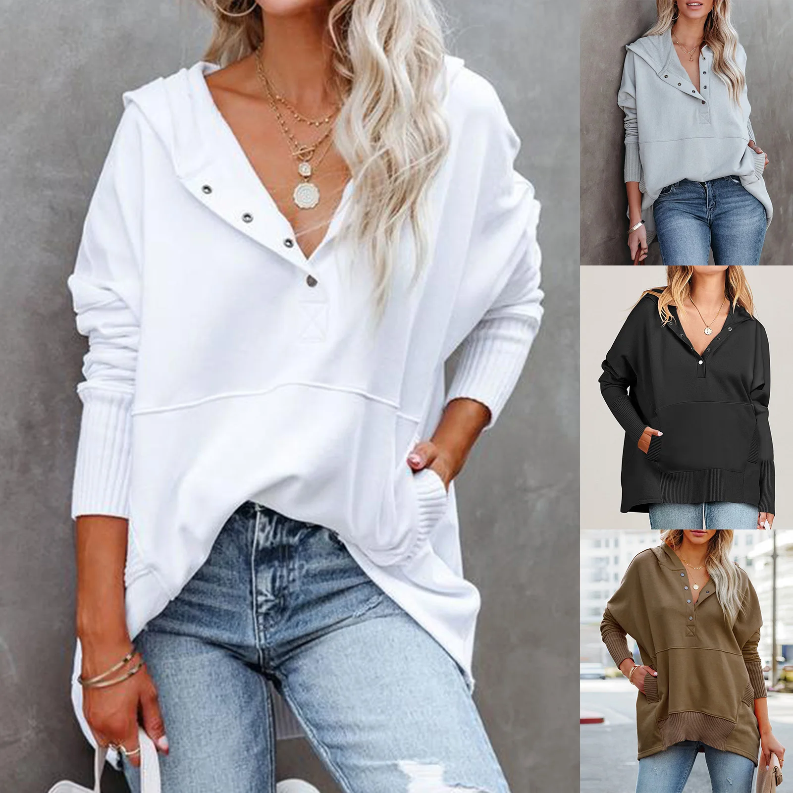 Women Fashion Hoodies Autumn Winter Pullover Buttons Oversized Sweater Sporty Style V Neck Casual Loose Drop Shoulder Outfit
Women Fashion Hoodies Autumn Winter Pullover Buttons Oversized Sweater Sporty Style V Neck Casual Loose Drop Shoulder Outfit