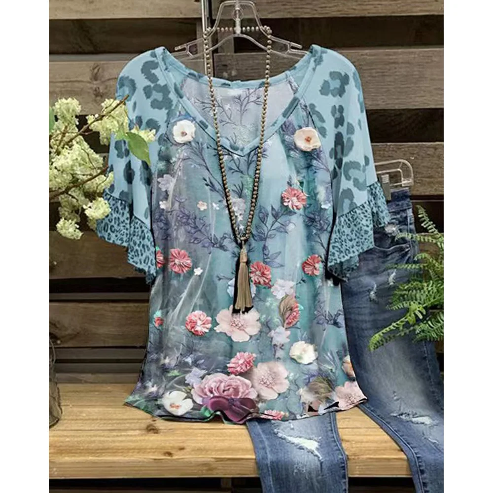 Oversized Top Women 3D Floral Printed T-Shirt Loose Ruffle V-Neck Short Sleeve Casual T-Shirt Summer Streetwear
Oversized Top Women 3D Floral Printed T-Shirt Loose Ruffle V-Neck Short Sleeve Casual T-Shirt Summer Streetwear
