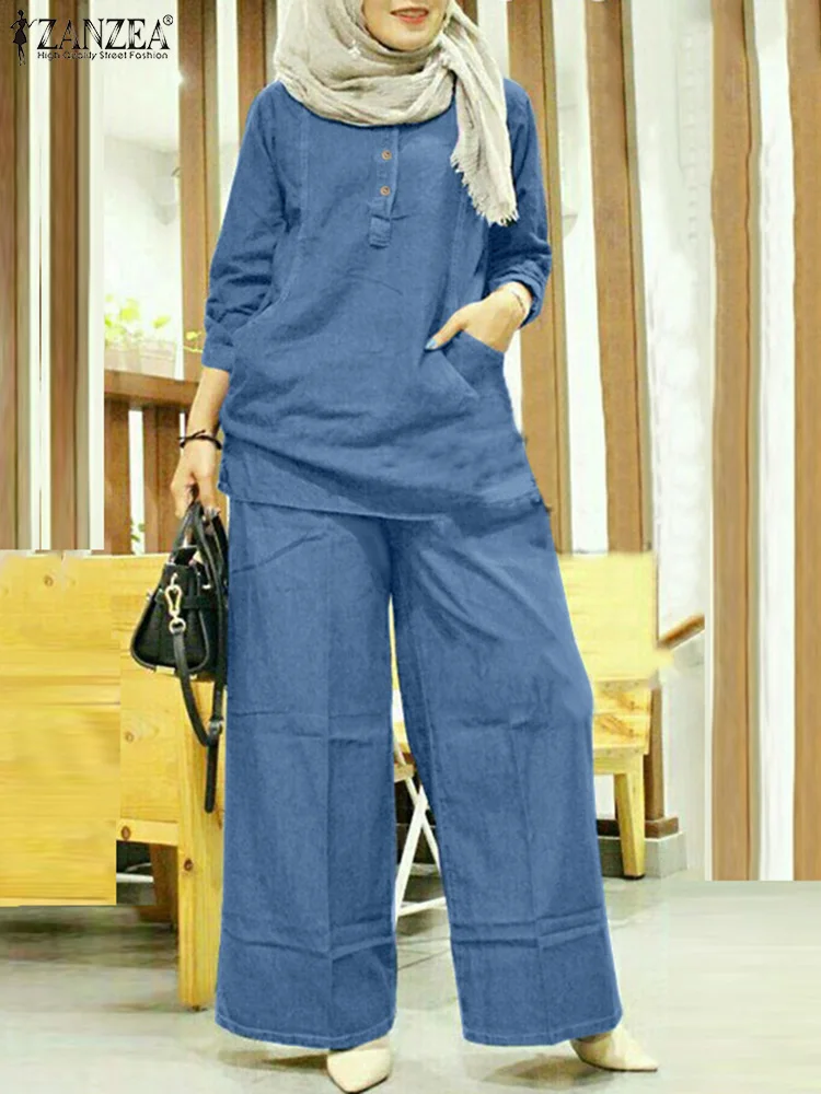 Solid 3/4 Sleeve Blouse Wide Leg Pant Sets ZANZEA Vintage Muslim Suits Two Piece Sets Womens Outifits Casual Loose Tracksuits
Solid 3/4 Sleeve Blouse Wide Leg Pant Sets ZANZEA Vintage Muslim Suits Two Piece Sets Womens Outifits Casual Loose Tracksuits