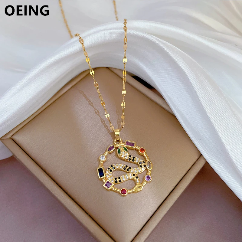 

OEING 316L Stainless Steel Gold Plated Colorful Rhinestone Snake Pendant Necklace For Women New Fashion Girls Clavicle Chain