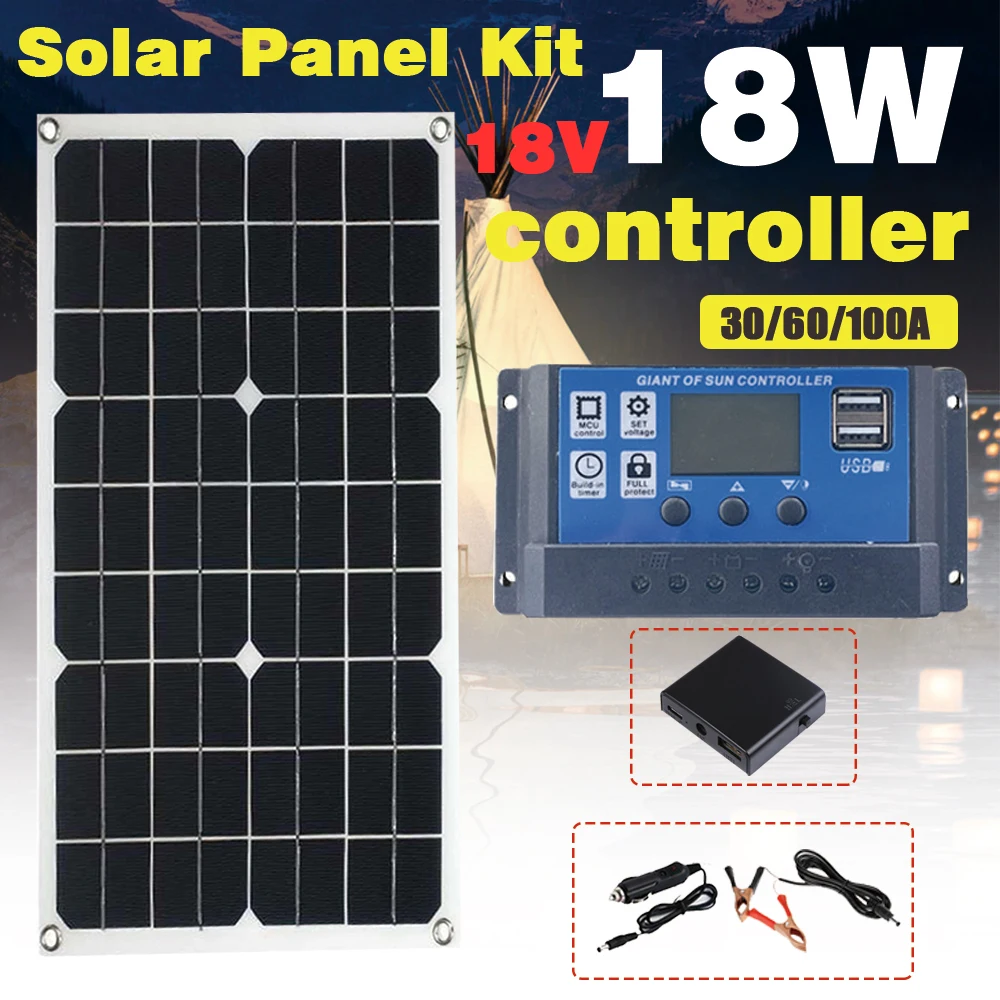 Solar System Kit USB Rechargeable 18W 18V Solar Panel Power Inverter Outdoor Camping Solar Belt 30A /60A/100A Solar Controller
Solar System Kit USB Rechargeable 18W 18V Solar Panel Power Inverter Outdoor Camping Solar Belt 30A /60A/100A Solar Controller