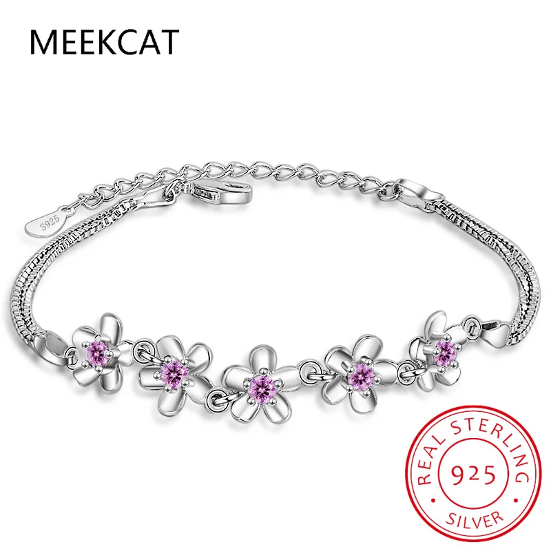 

Luxury 925 Sterling Silver Bracelets Purple Zirconia Plum Flower Bracelets & Bangles For Women Pulseira De Prata S-b51