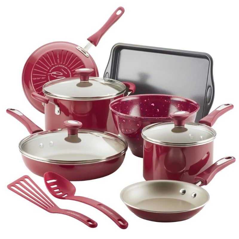

Rachael Ray 12-Piece Get Cooking! Nonstick Pots and Pans Set, Cookware Set, Burgundy cookware kitchen