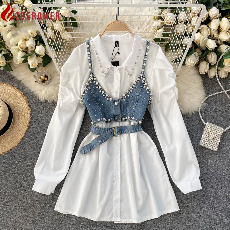 2023 New High-End White Shirt Dress Female Lapel Diamond Pearl Luxury Shirt Short Denim Vest Chic Two Piece Sets Female Fashion
2023 New High-End White Shirt Dress Female Lapel Diamond Pearl Luxury Shirt Short Denim Vest Chic Two Piece Sets Female Fashion