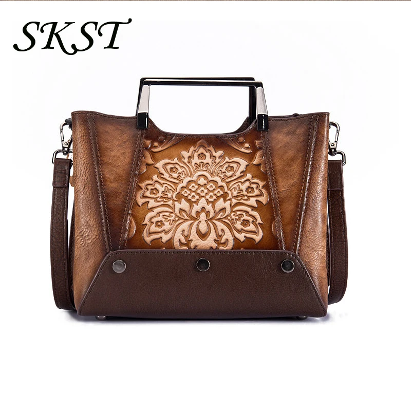 

New top layer cow leather high-end retro craft embossing manual color wiping trend portable diagonal span bag long line style