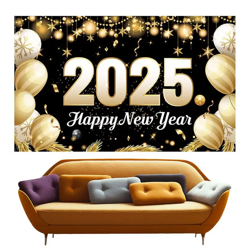 Новогодний баннер 2025 года с Новым годом украшения черный и золотой воздушный шар