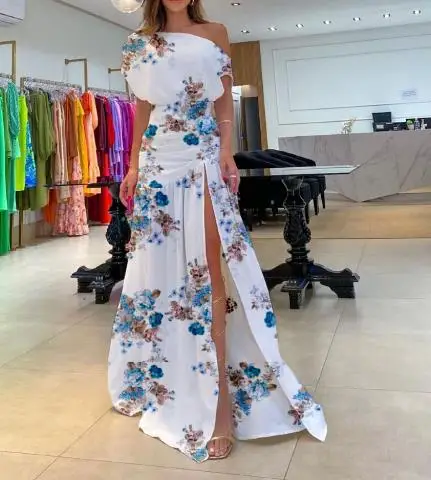 

Women's Long Dress 2023 Summer Fashion Sweet One-Line Neck Slit Mopping Holiday Dress Raglan Sleeves Sexy Elegant Evening Dress