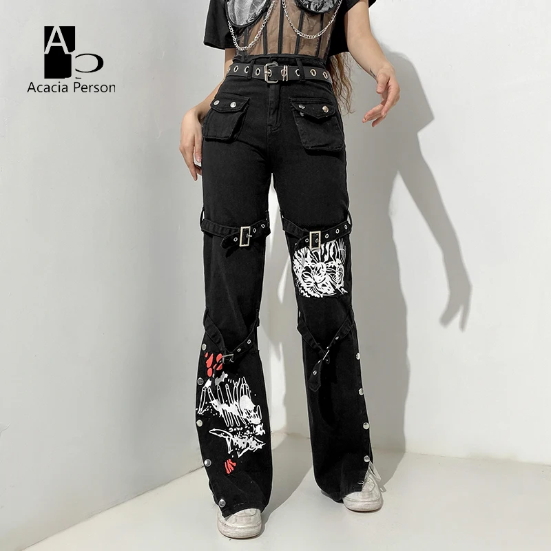 Streetwear Punk Style Print Low Waist Jeans Women Gothic Dark Cargo Pants Buckle Pockets Denim Trousers Aesthetic New
Streetwear Punk Style Print Low Waist Jeans Women Gothic Dark Cargo Pants Buckle Pockets Denim Trousers Aesthetic New