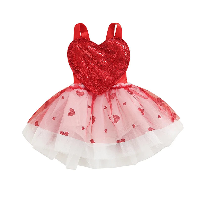 

Infant Baby Girls Valentine's Day Romper Dress Suspender Sequin Love-Heart Open Back Bodysuit with Layered Tutu Mesh Skirt