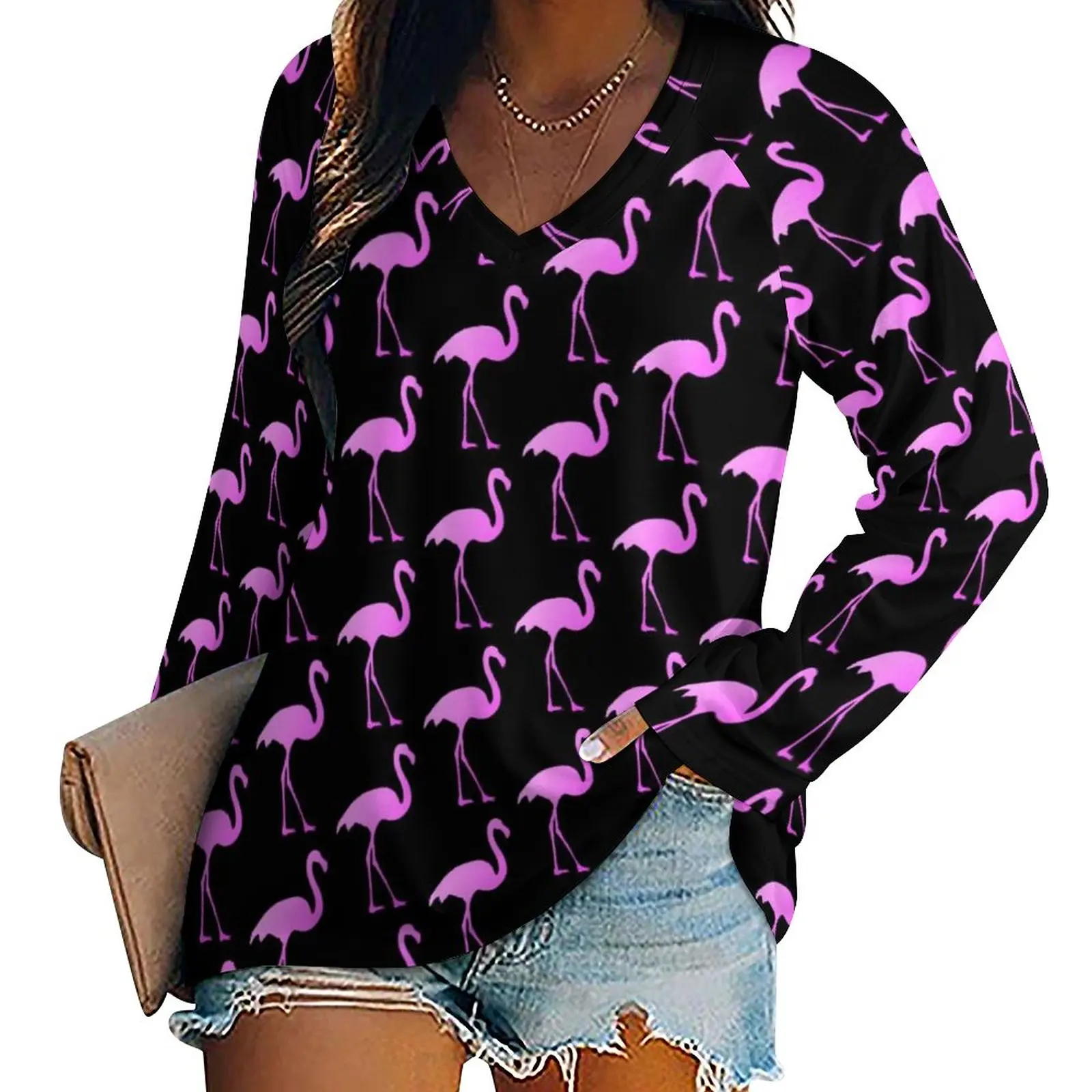 

Pink Flamingo Bird T-Shirts Cute Animal Print Korean Fashion T Shirt Long Sleeve Pretty Graphic Tees Women Tops Big Size