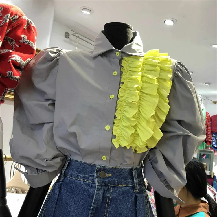 Fashion Woman Tops Chic Hit Color Folds Ruffles Patchwork Blouse 2022 New Puff Sleeve Turn-down Collar Shirt
Fashion Woman Tops Chic Hit Color Folds Ruffles Patchwork Blouse 2022 New Puff Sleeve Turn-down Collar Shirt