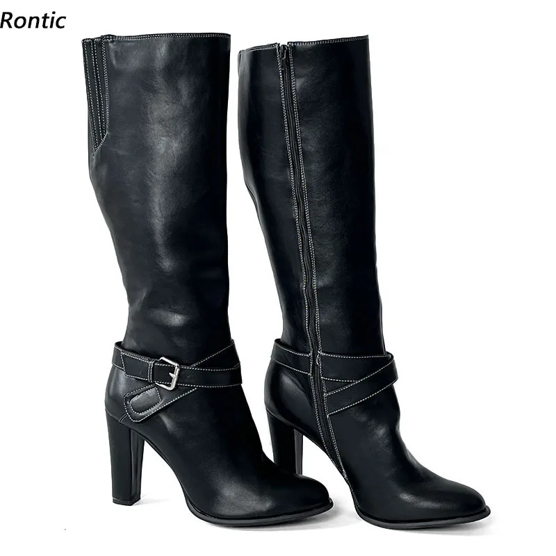 

Rontic New Arrival Women Winter Knee Boots Stiffi Faux Leather Chunky Heeled Round Toe Elegant Black Party Shoes US Size 5-20