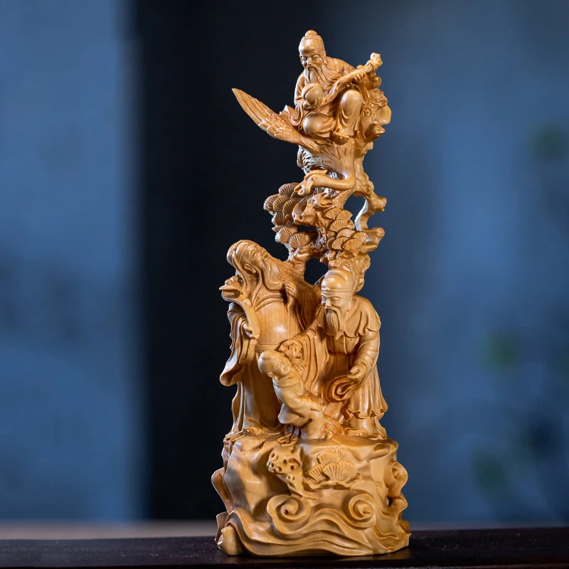 

Boxwood 18cm Fu Lu Shou Sculpture Wood Buddha Statue Three Stars Blessing Longevity Rich God Home Decor