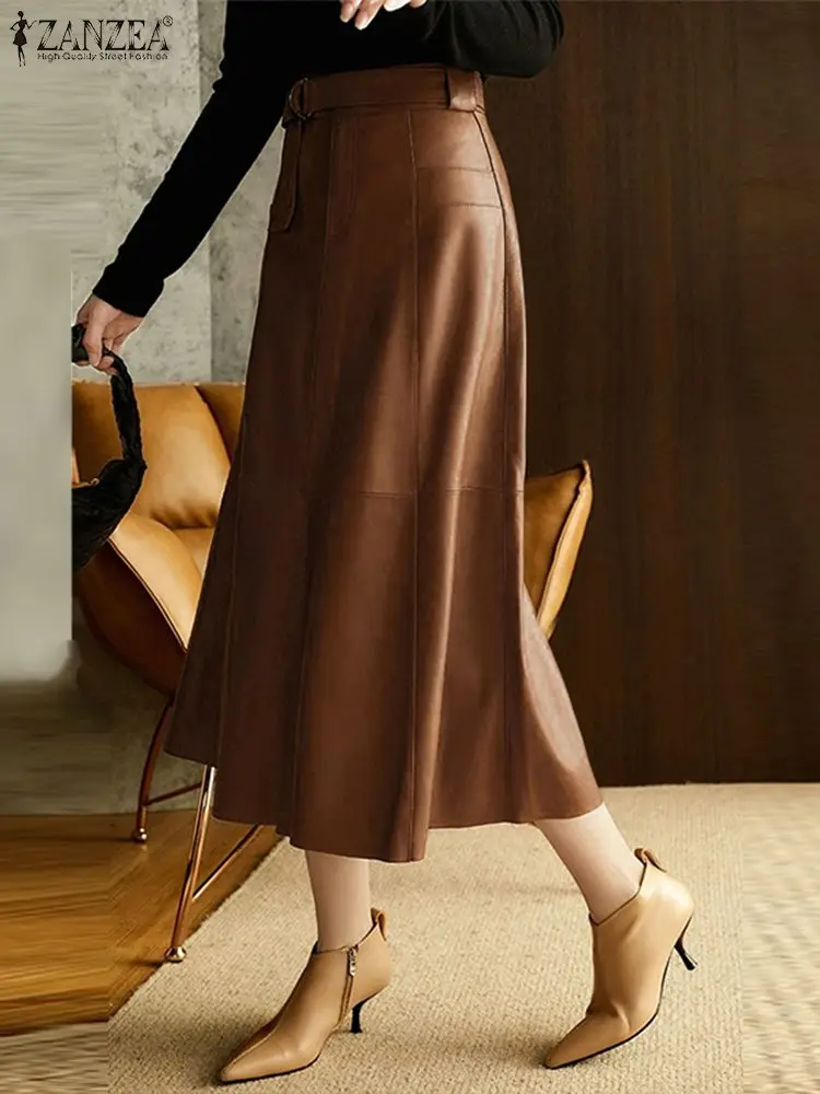 

ZANZEA 2023 Elegant Women High Waist Jupes Fashion PU Leather Long Skirt Belted Stitching Faldas Office Lady A Line Midi Skirts