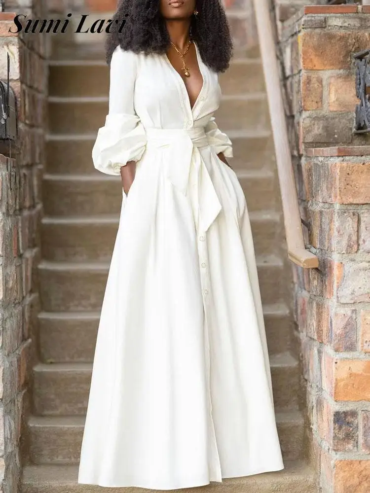 New Trendy Elegant Long Sleeve Pocket Shirt Dress Spring Plain Color Big Hem Long Dress Women V Neck Single-breasted Maxi Dress
New Trendy Elegant Long Sleeve Pocket Shirt Dress Spring Plain Color Big Hem Long Dress Women V Neck Single-breasted Maxi Dress