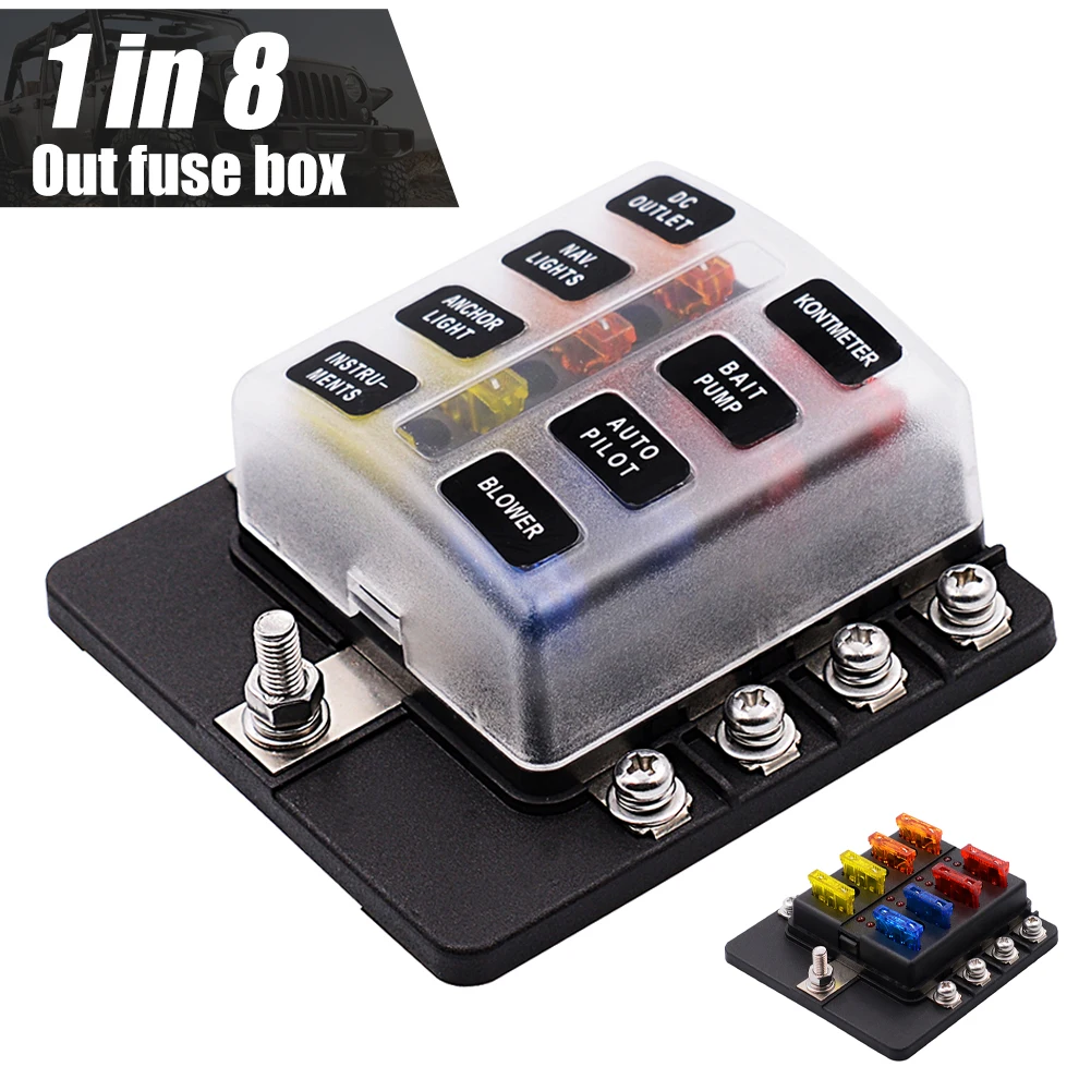 8-Ways Blade Fuse Holder Block Car Boat Marine Fuse Box Holder Waterproof + LED Indicator 32V Power Distribution Panel Board
8-Ways Blade Fuse Holder Block Car Boat Marine Fuse Box Holder Waterproof + LED Indicator 32V Power Distribution Panel Board