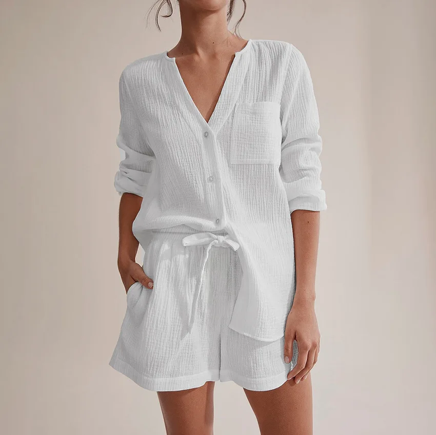 2022 Autumn White Long-sleeved Air-conditioning Clothing Cotton Shorts Suit Pajamas Women's Skin-friendly Ladies Home Clothes
2022 Autumn White Long-sleeved Air-conditioning Clothing Cotton Shorts Suit Pajamas Women's Skin-friendly Ladies Home Clothes