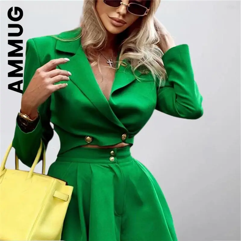 Ammug Two piece suits Green Office ladies crop blazer and ruffles Pleated shorts Buttons pocket club party fashion female sets 
Ammug Two piece suits Green Office ladies crop blazer and ruffles Pleated shorts Buttons pocket club party fashion female sets