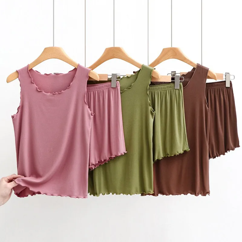 New Women Cotton Spandex Tank Tops Shorts Set Summer Solid Color Ruffle Sleeveless Vest Drawstring Shorts Suit Casual Clothing
New Women Cotton Spandex Tank Tops Shorts Set Summer Solid Color Ruffle Sleeveless Vest Drawstring Shorts Suit Casual Clothing