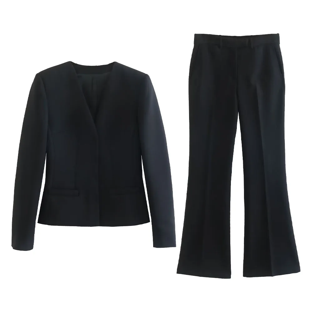 Fall new fashion women's casual black lapel-free slim blazer + wool-blend high-waist flared trousers set
Fall new fashion women's casual black lapel-free slim blazer + wool-blend high-waist flared trousers set