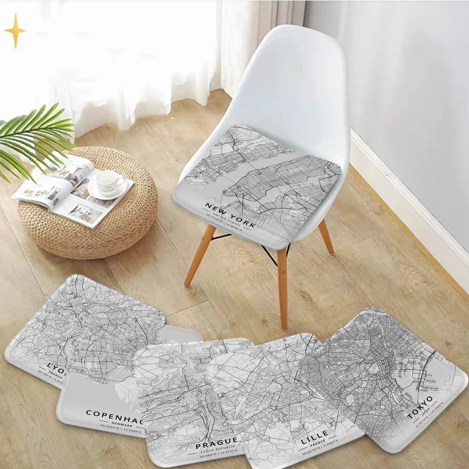 

Nordic Fashion Black And White Famous City Map Four Seasons Seat Cushion Office Dining Stool Pad Sponge Sofa Mat Non-Slip Stool