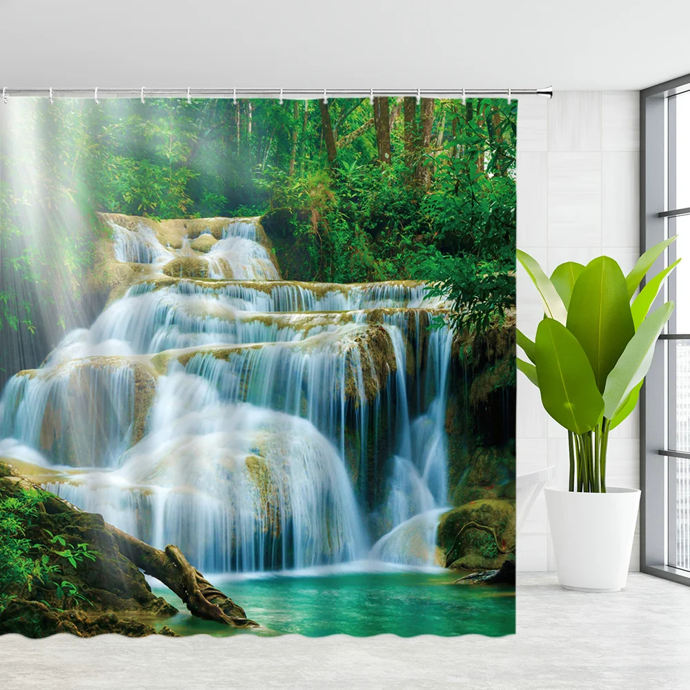 

Tropical Rainforest Shower Curtains Jungle Green Forest Trees Plants River Landscape Nature Scenery Bathroom Decor Bath Curtain