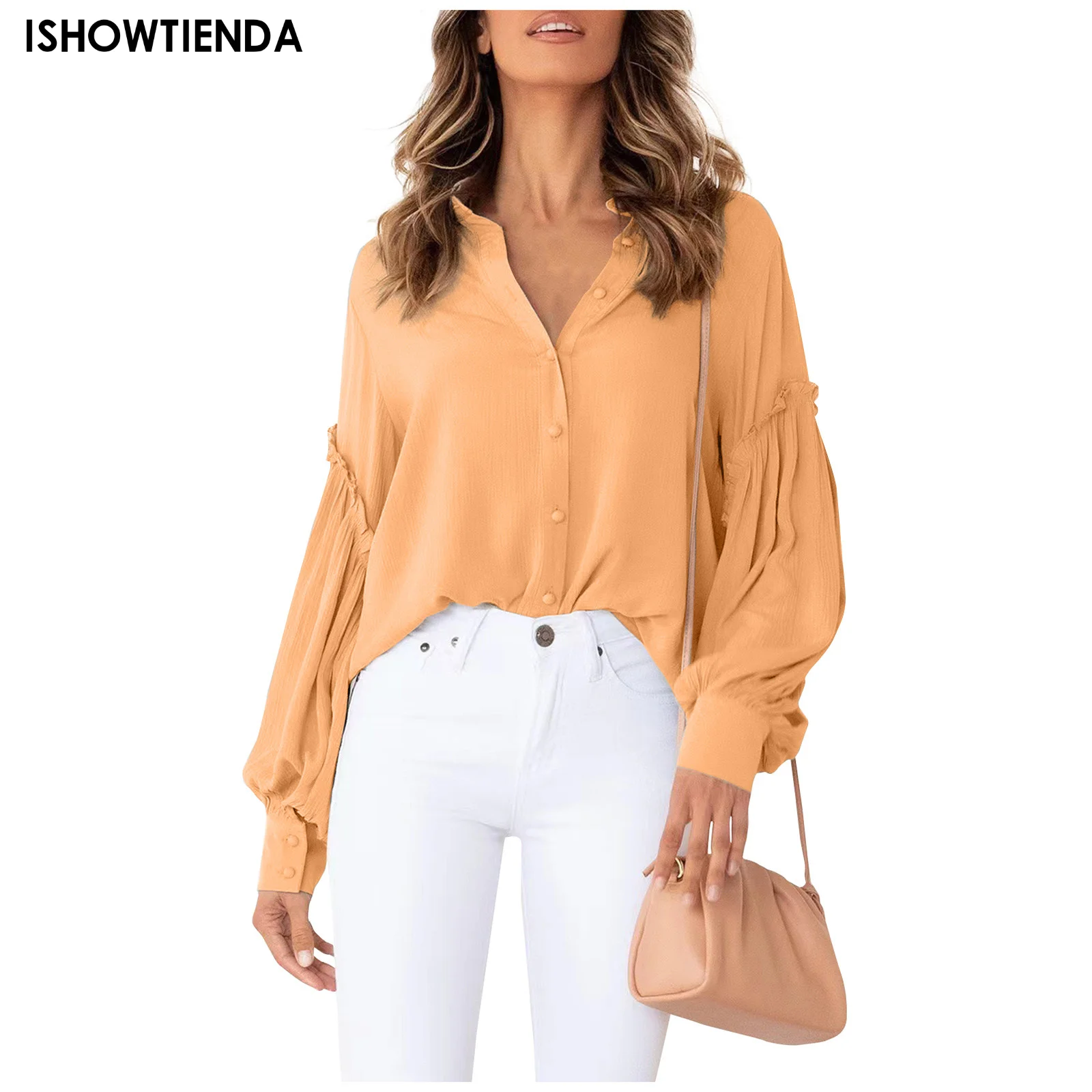 

Womens Long Sleeve Shirts Casual Loose Button Down Turndown Collar Tops Office Lady Outwear Top Ruffle Patch Puff Sleeve Shirt
