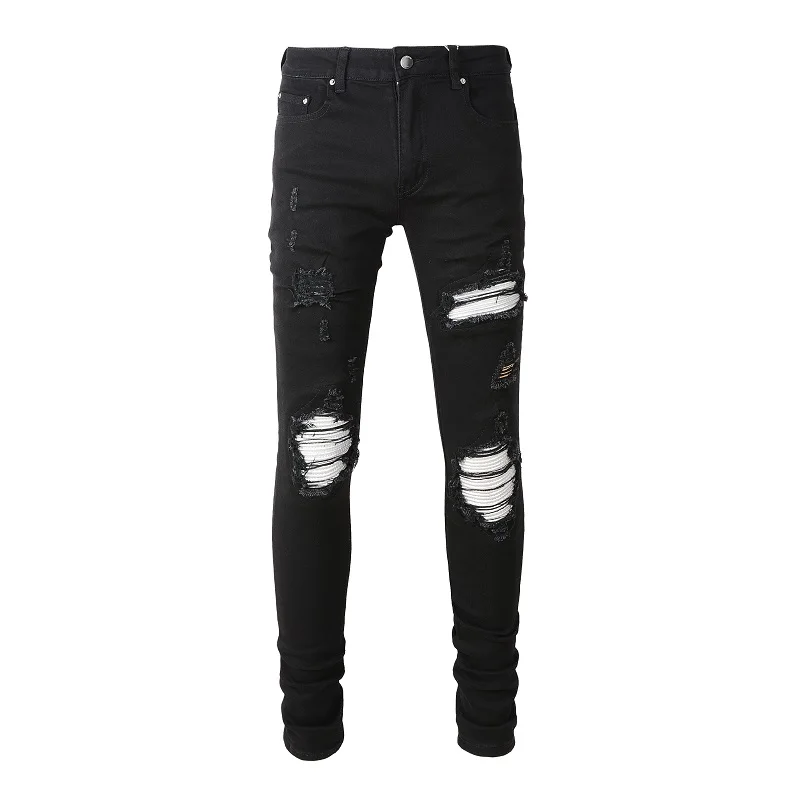 Men's Black Distressed Streetwear Style White Bandana Patchwork Skinny Stretch Holes Slim Fit High Street Ripped Jeans
Men's Black Distressed Streetwear Style White Bandana Patchwork Skinny Stretch Holes Slim Fit High Street Ripped Jeans