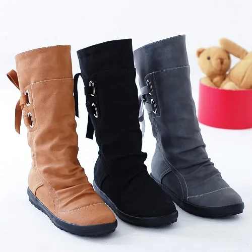 

Nice Popest Winter Boots Pop Women Vogue Boots Autumn Shoes with Lace-up Mid-Calf Solid Flat Heels PU Boots Mujer Snow Boots