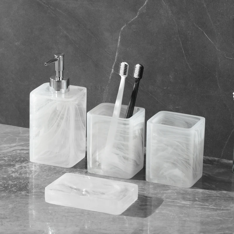 Transparent Resin Bathroom Accessories Set Toothbrush Holder Soap Box Toothpaste Dispenser Lotion Bottle Four-piece Set
Transparent Resin Bathroom Accessories Set Toothbrush Holder Soap Box Toothpaste Dispenser Lotion Bottle Four-piece Set