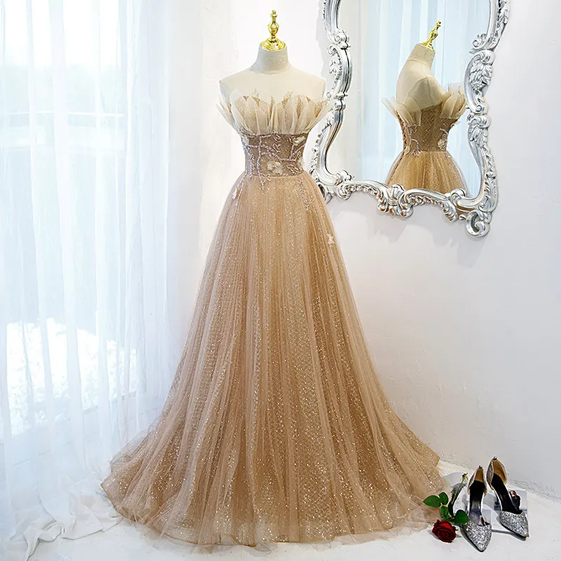 Sequins Sleeveless Evening Dress Strapless Appliques Elegant Floor-Length Pleat A-Line Lace Up Party Formal Dresses Woman B1504
Sequins Sleeveless Evening Dress Strapless Appliques Elegant Floor-Length Pleat A-Line Lace Up Party Formal Dresses Woman B1504