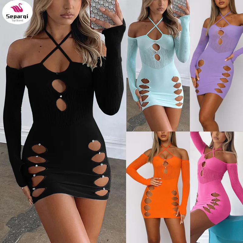 

SPARQI Women Bodycon Dress Party Hanging Neck Spring Fall Casual Wrapped Cutout Dress Clubwear Mini Dresses New 2022