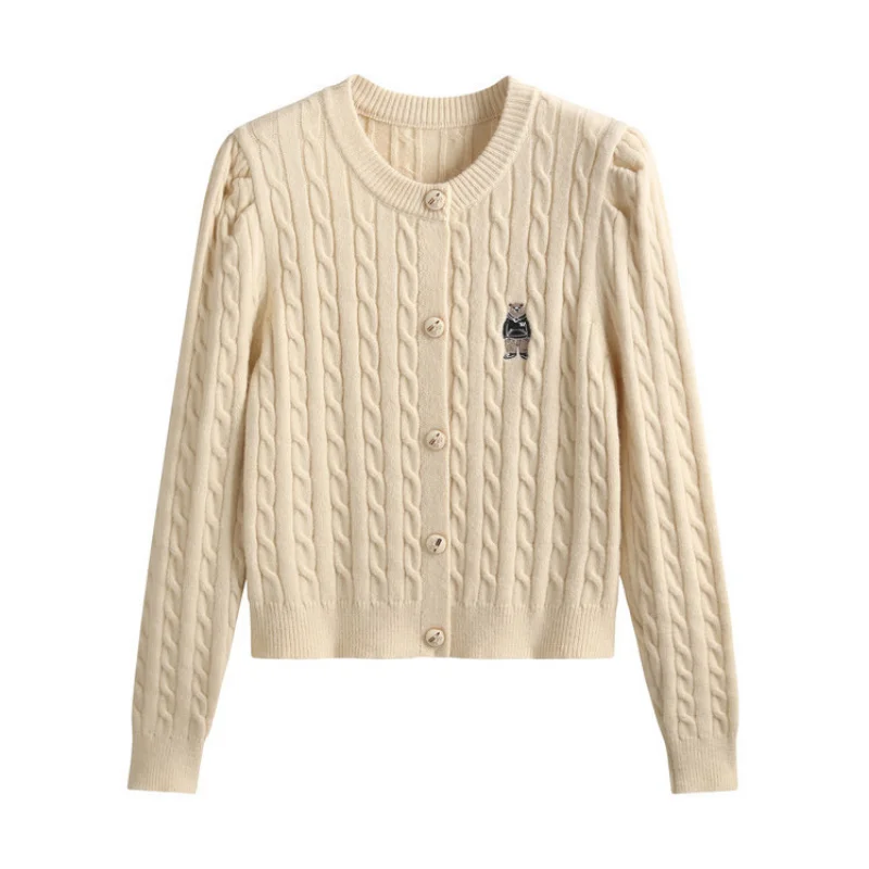 Spring and Autumn New Women's Knitted Cardigan Bear Embroidery Long-sleeved Sweater Round Neck Twist Puffy Sleeves Short Jacket 
Spring and Autumn New Women's Knitted Cardigan Bear Embroidery Long-sleeved Sweater Round Neck Twist Puffy Sleeves Short Jacket