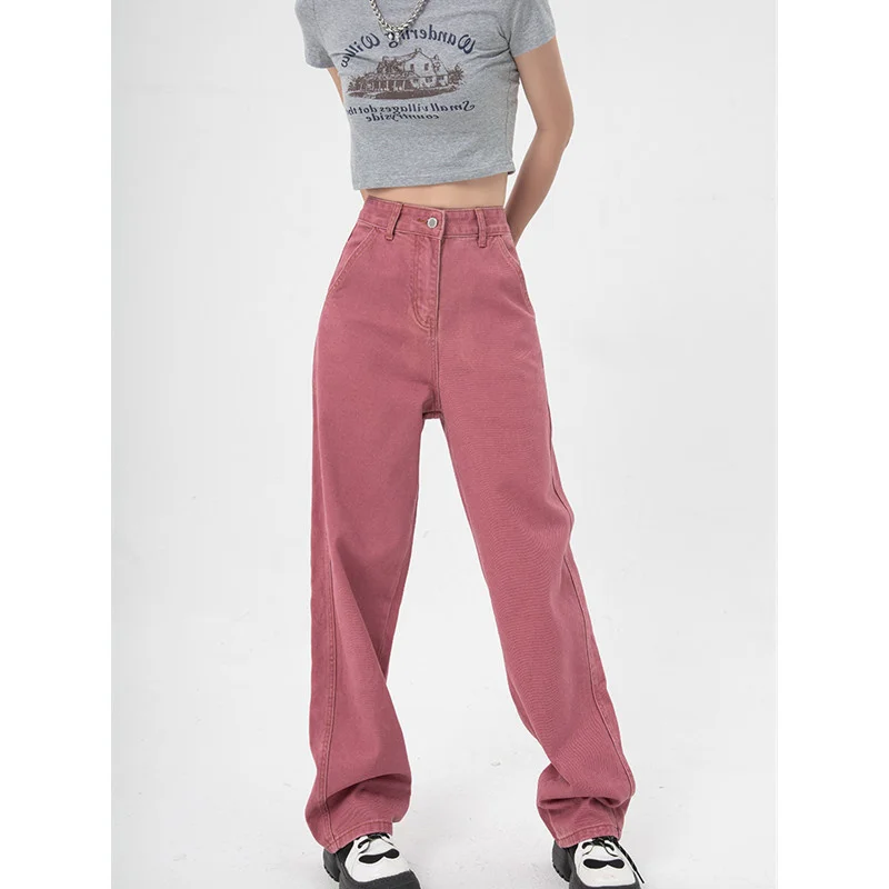 

Джинсы женские с завышенной талией, свободные брюки из денима с широкими штанинами, шикарные дизайнерские винтажные прямые свободные джинсы розового цвета в уличном стиле, лето