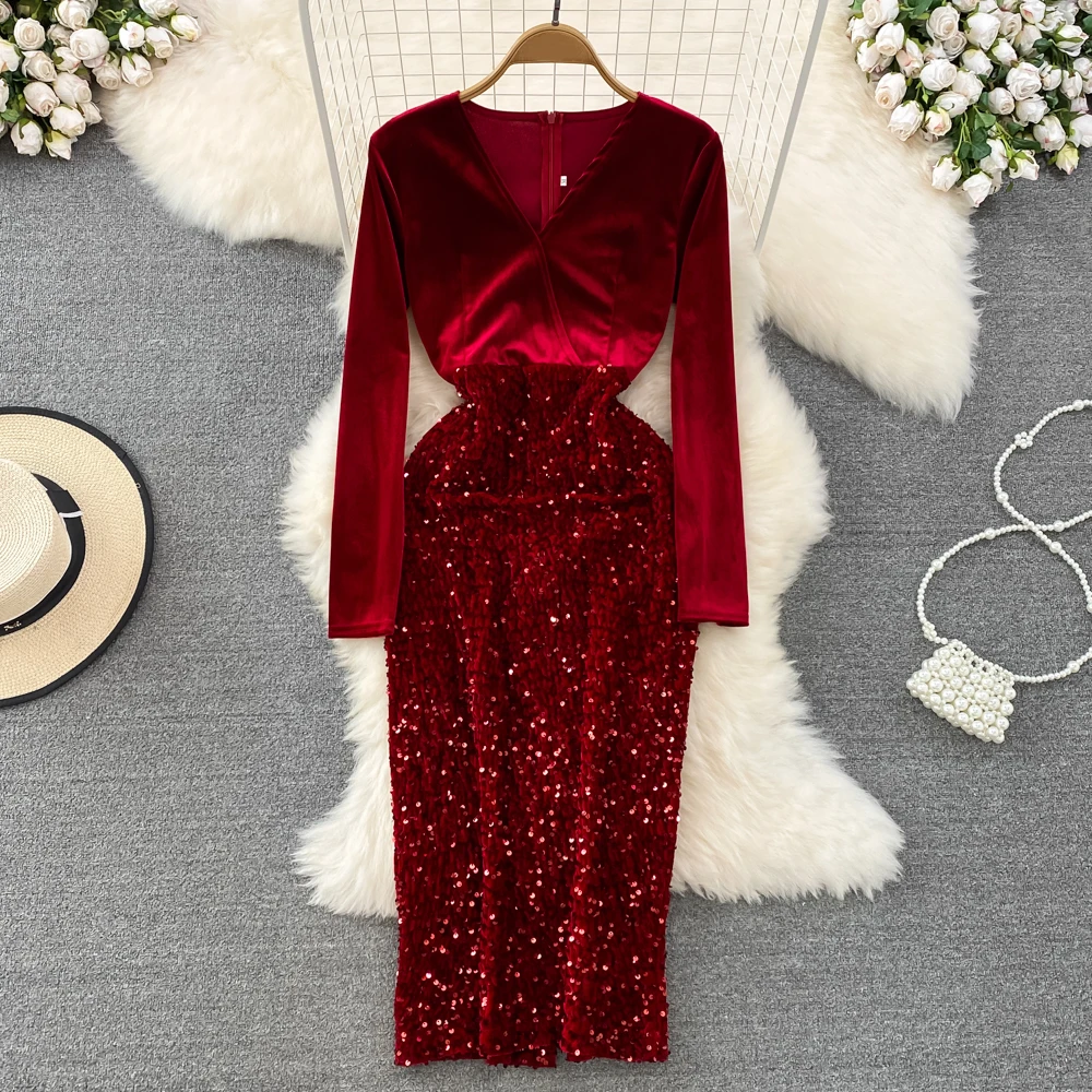 

Clothland Women Fashion Sequined Red Black Dress V Neck Back Sashes Long Sleeve Spliced Shiny Party Club Midi Dresses QB494