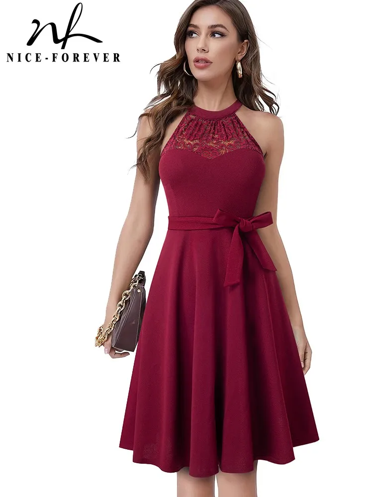 Nice-forever Summer Women Elegant Lace Patchwork with Sash Dresses Cocktail Wedding Party Vintage Flare Dress A283 
Nice-forever Summer Women Elegant Lace Patchwork with Sash Dresses Cocktail Wedding Party Vintage Flare Dress A283