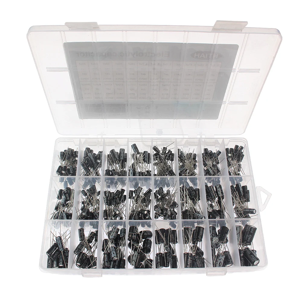 

500PCS 0.1uF~1000uF Assorted Aluminum Electrolytic Capacitors Kit Box, 10V 16V 25V 50V 24 kinds Capacitor Set For Electronic DIY