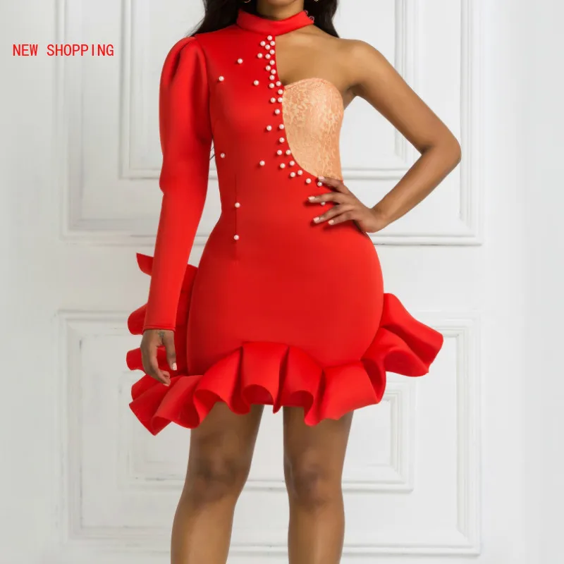 Celebrate Christmas Party Dresses Lace Patchwork Bead Sexy One Shoulder Slope Long Sleeve Backless Women Vestido Ruffles Bodycon
Celebrate Christmas Party Dresses Lace Patchwork Bead Sexy One Shoulder Slope Long Sleeve Backless Women Vestido Ruffles Bodycon