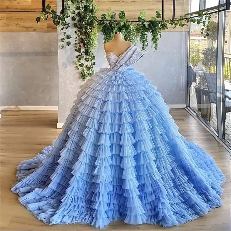 

Sky Blue Ball Gown Quinceanera Dresses Tiered Ruffles Lace Up Prom Gowns Customise Vintage Sweet 15 Masquerade Dress